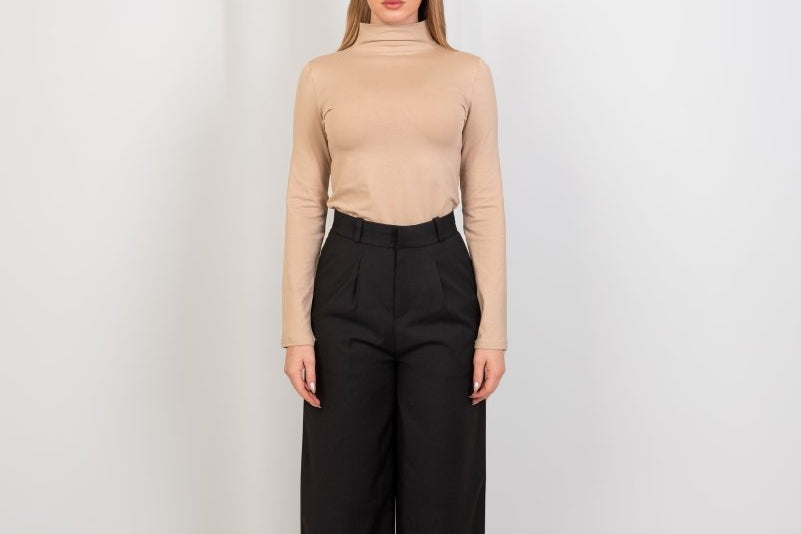 High - Neck Long Sleeve Top - Beige - Hushy Wear