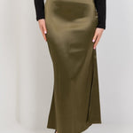 Satin High Waisted Maxi Skirt - Olive - Hushy Wear