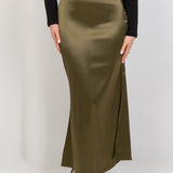 Satin High Waisted Maxi Skirt - Olive - Hushy Wear