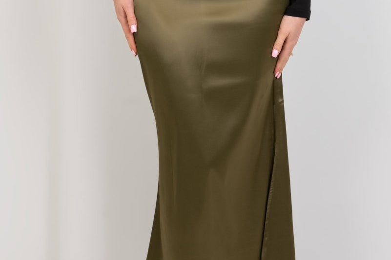Satin High Waisted Maxi Skirt - Olive - Hushy Wear