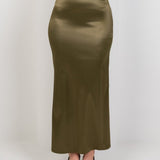 Satin High Waisted Maxi Skirt - Olive - Hushy Wear