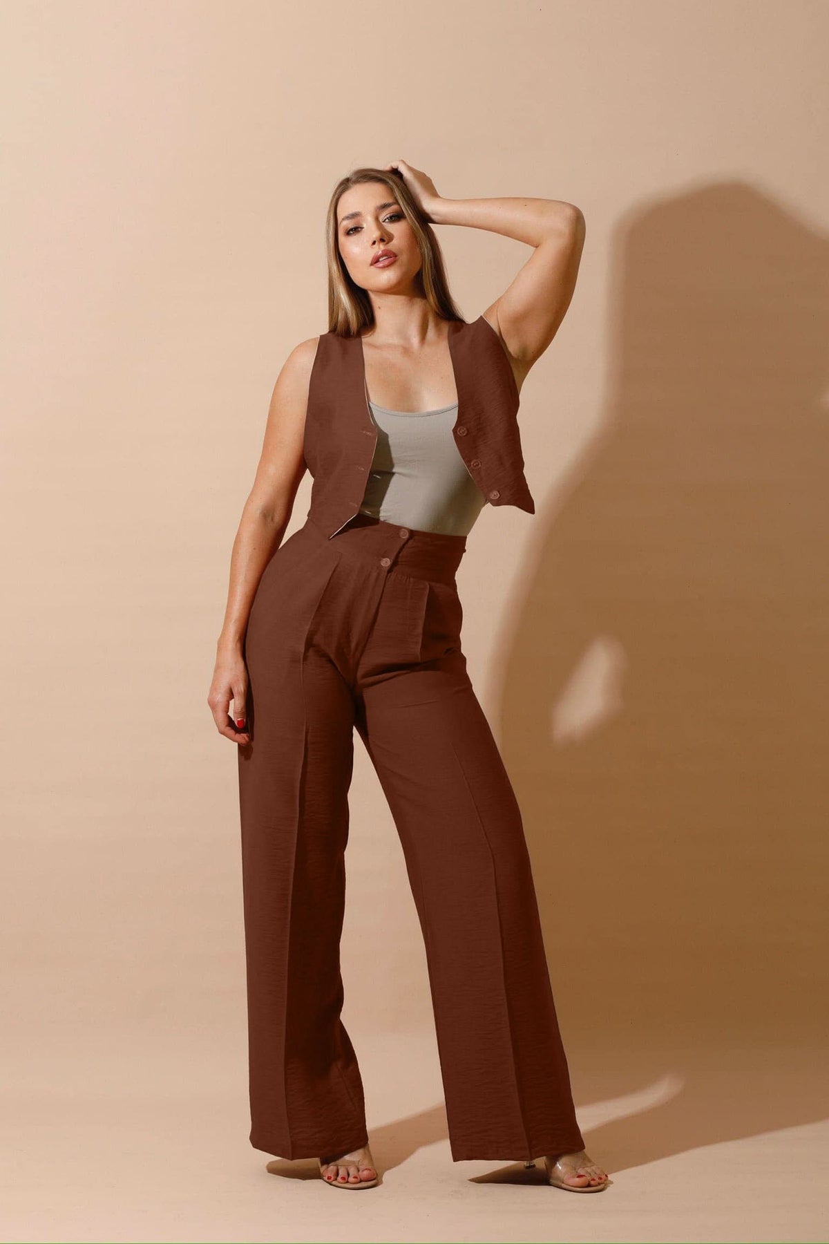 High Waist Linen Pants - Brown
