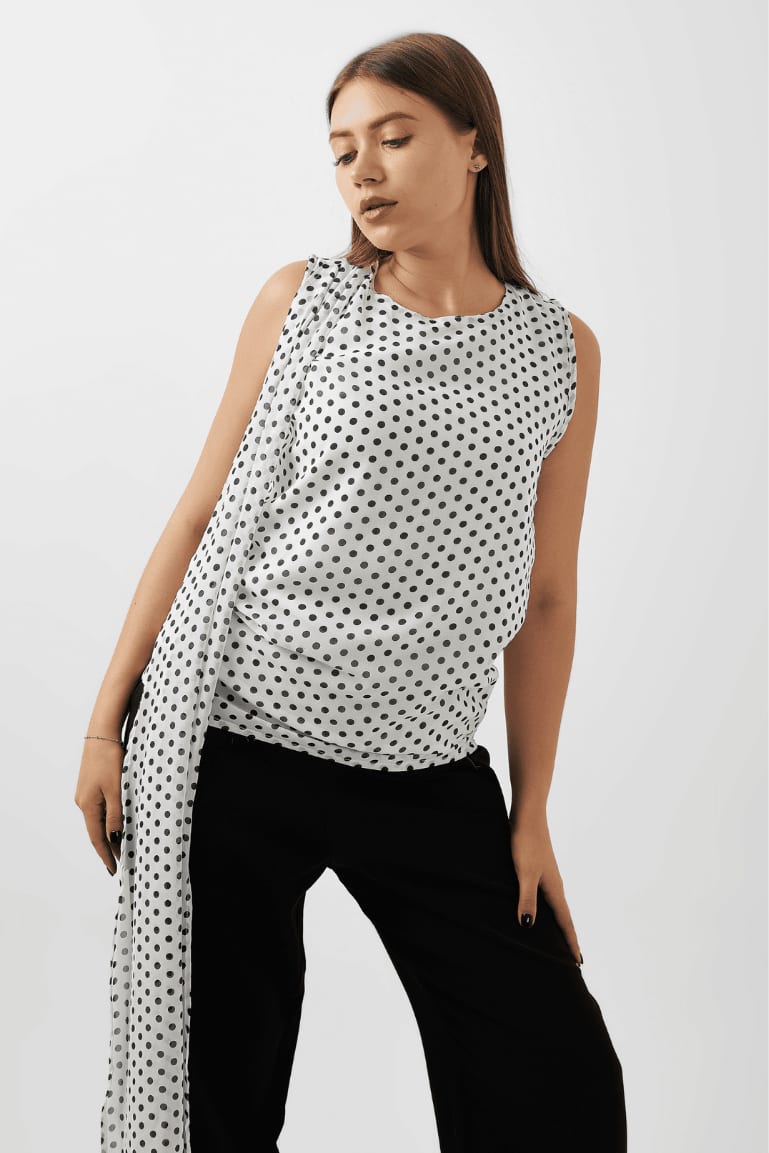 Chic Polka Dot Draped Shoulder Blouse – Black & White - Hushy Wear
