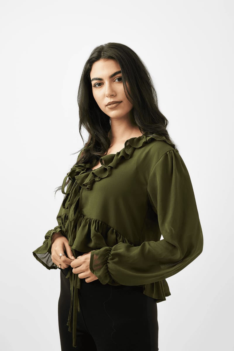 Ruffled Romance V - Neck Blouse – Olive Green - Hushy Wear