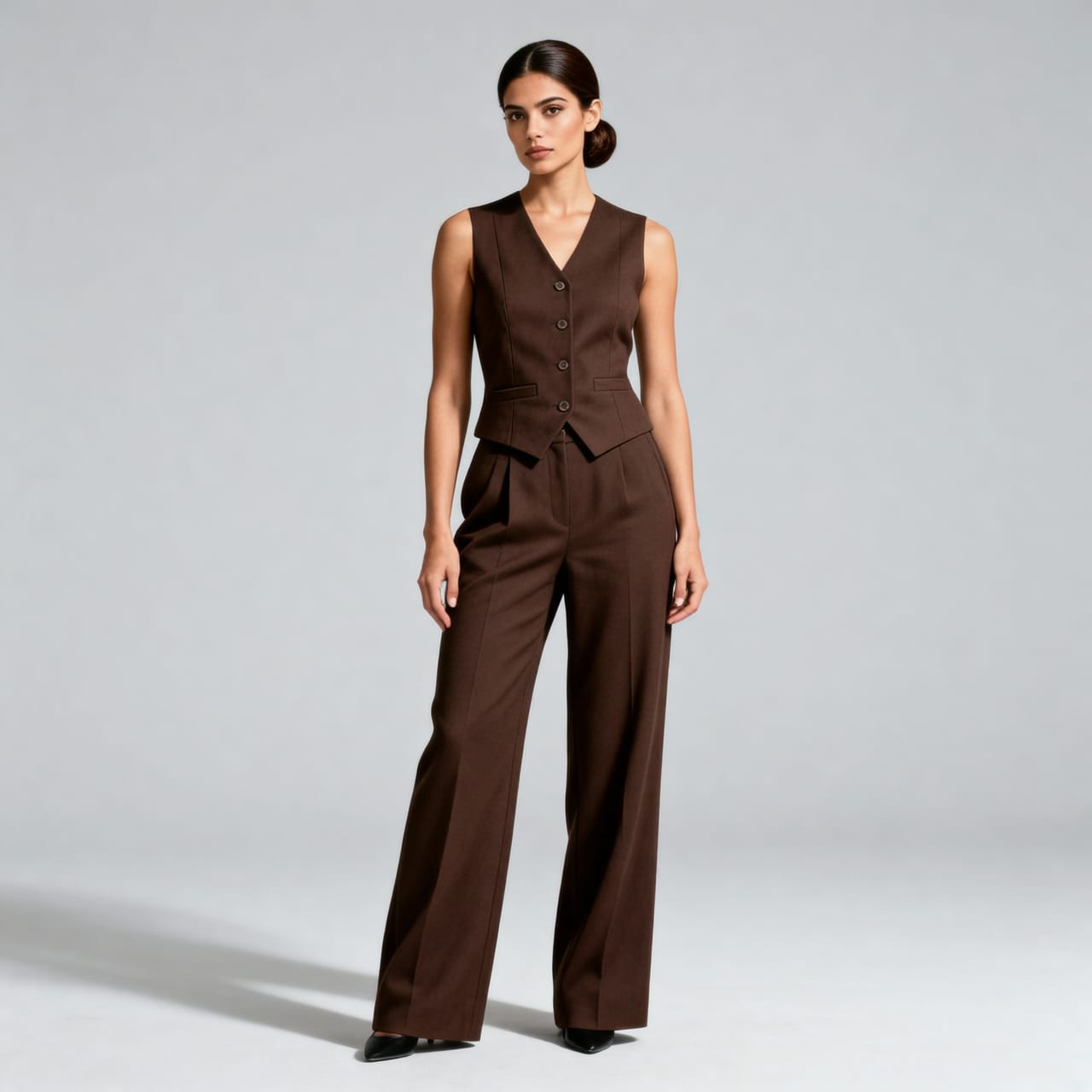 Brown Classic Vest & Pleated Straight Pants Set