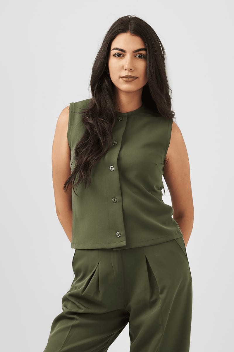 Button Down Sleeveless Top in Olive Green - Hushy Wear