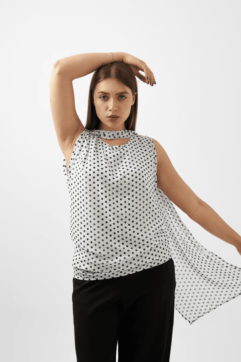 Chic Polka Dot Draped Shoulder Blouse – Black & White - Hushy Wear