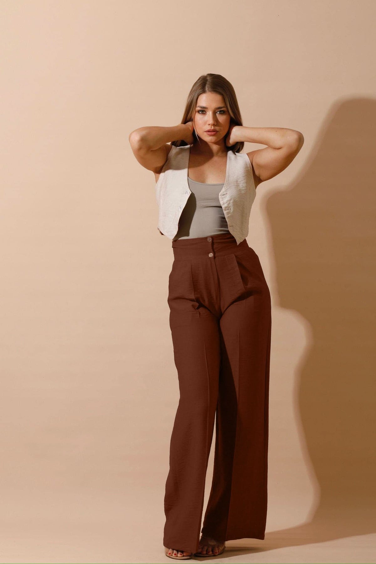 High Waist Linen Pants - Brown