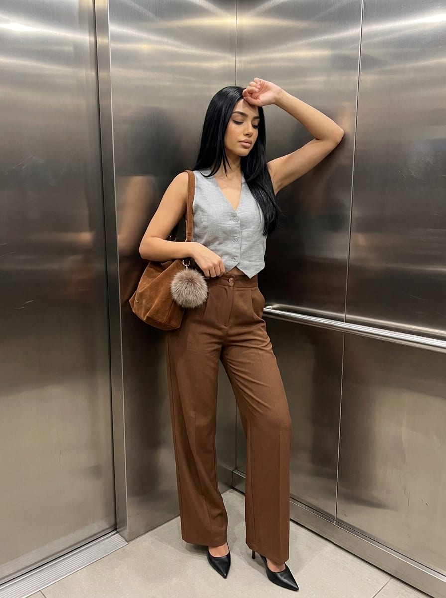 Linen Gray Vest & Brown Straight Trouser