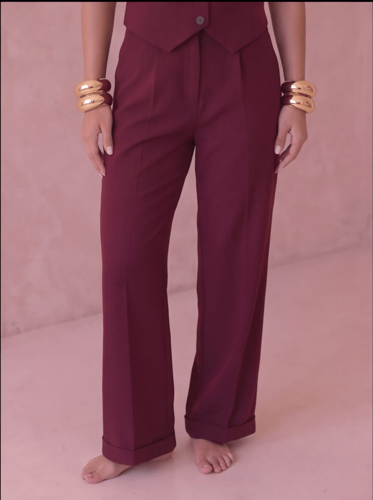 Burgundy Pleated Straight-Leg Trousers