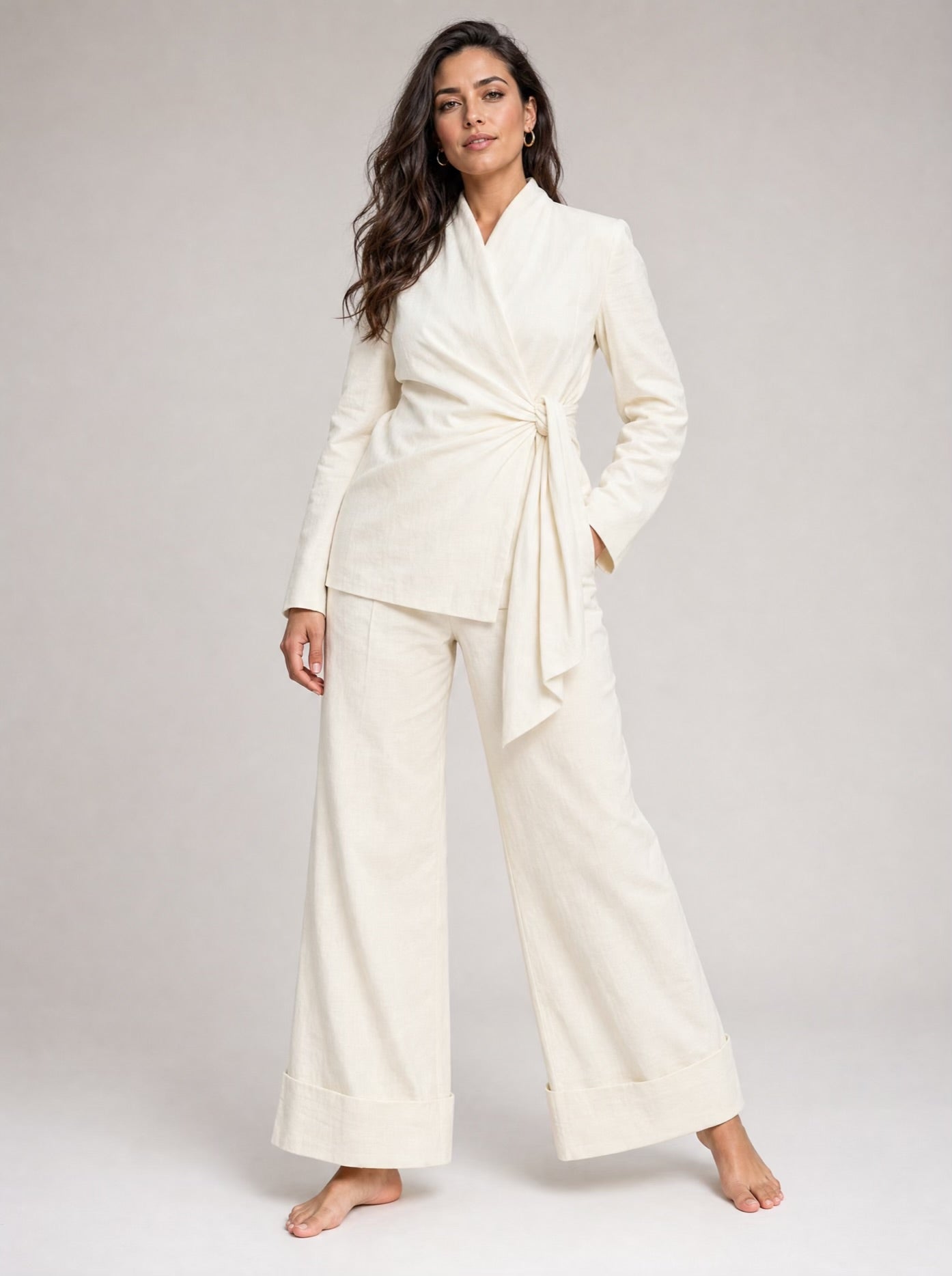 Elegant Linen Wide-Leg Trousers – Offwhite