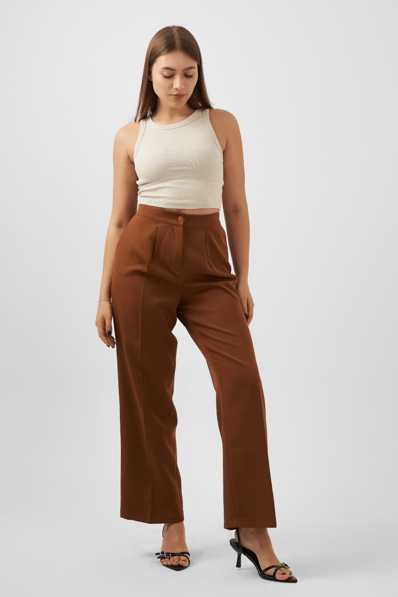 Straight Leg Trousers in Brown - Hushy Wear