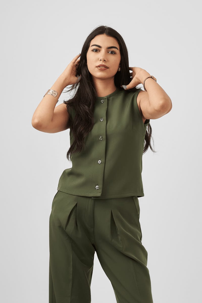 Button Down Sleeveless Top in Olive Green - Hushy Wear