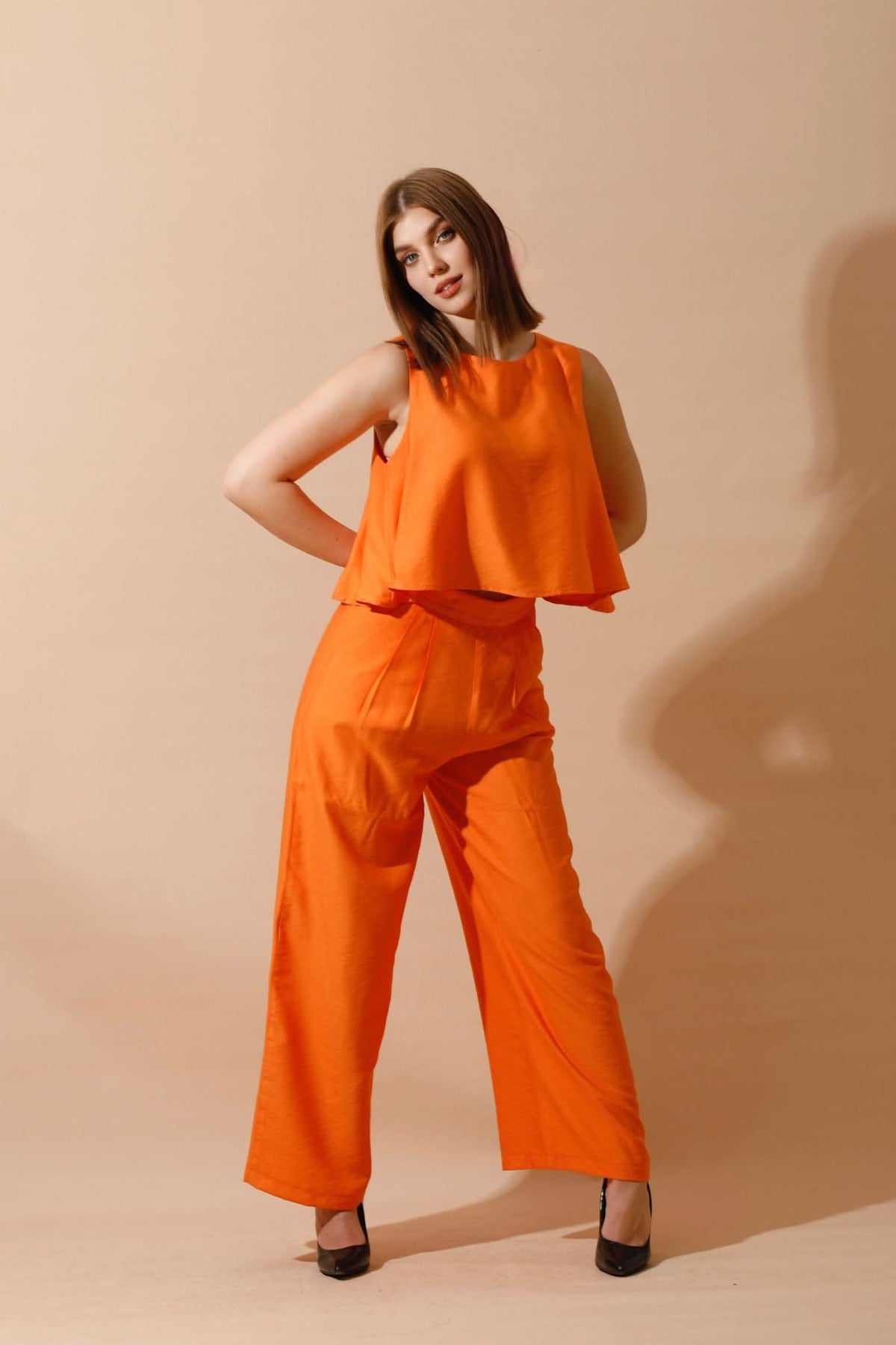 Sleeveless Tank Top & Wide Leg Pants Lounge Set - Orange