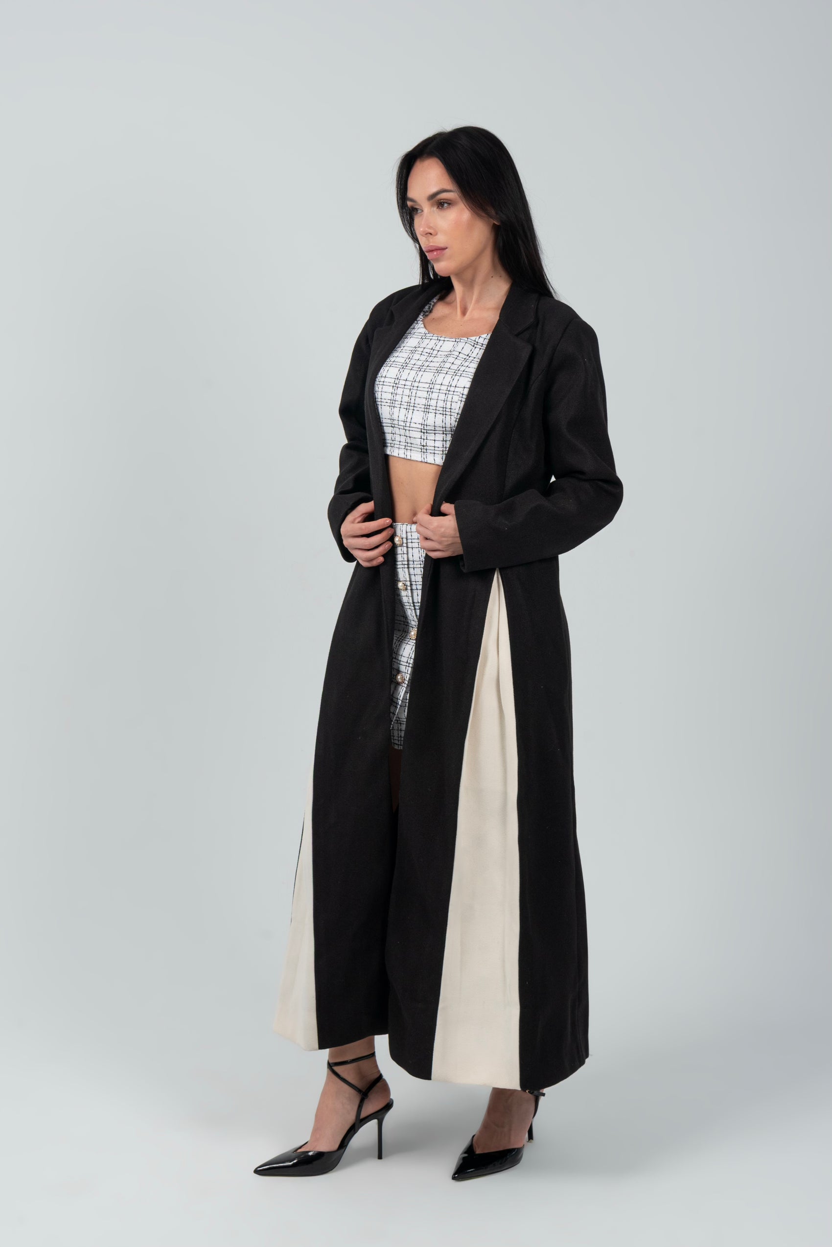 Black Full Length Wool Coat With White Side