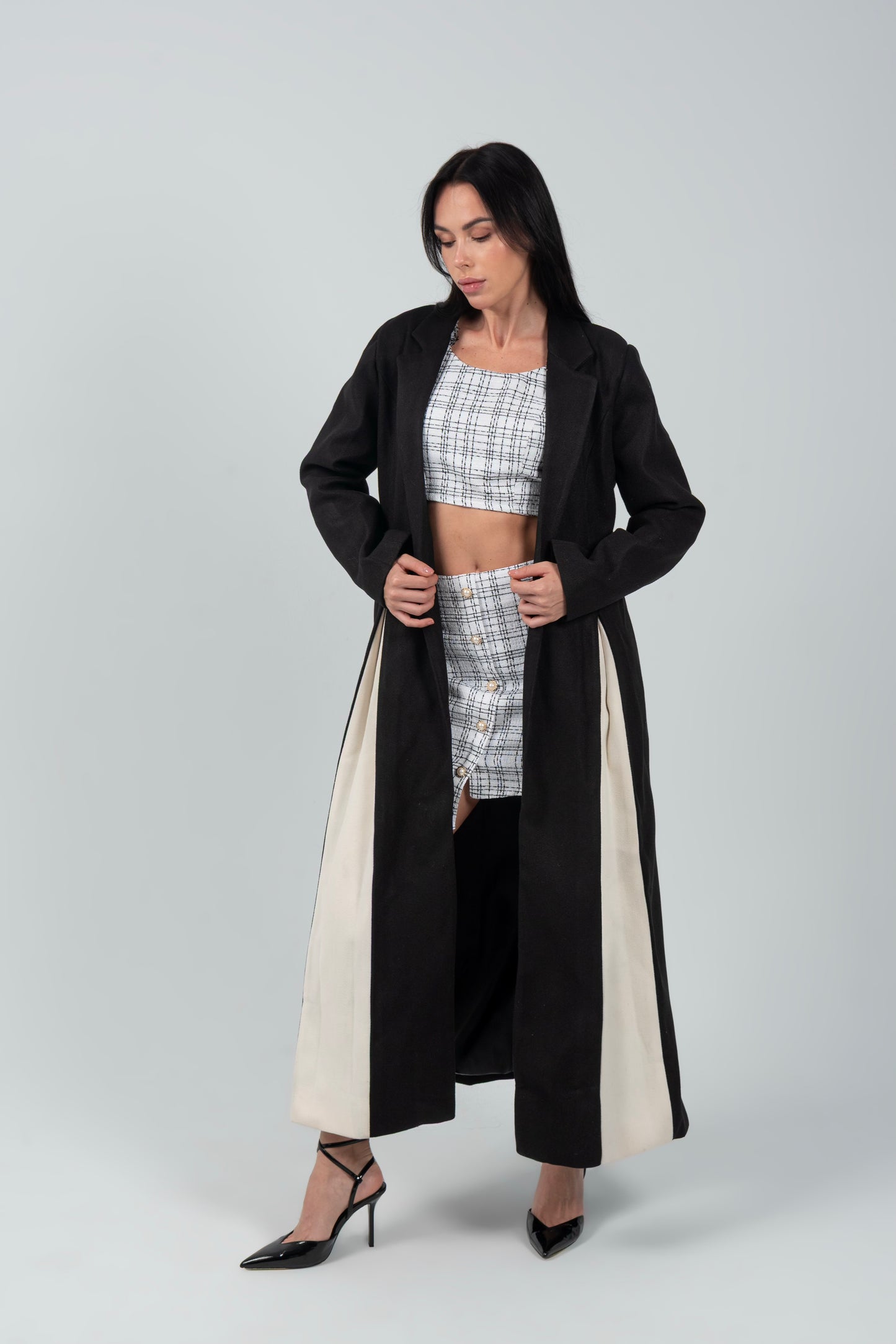 Black Full Length Wool Coat With White Side