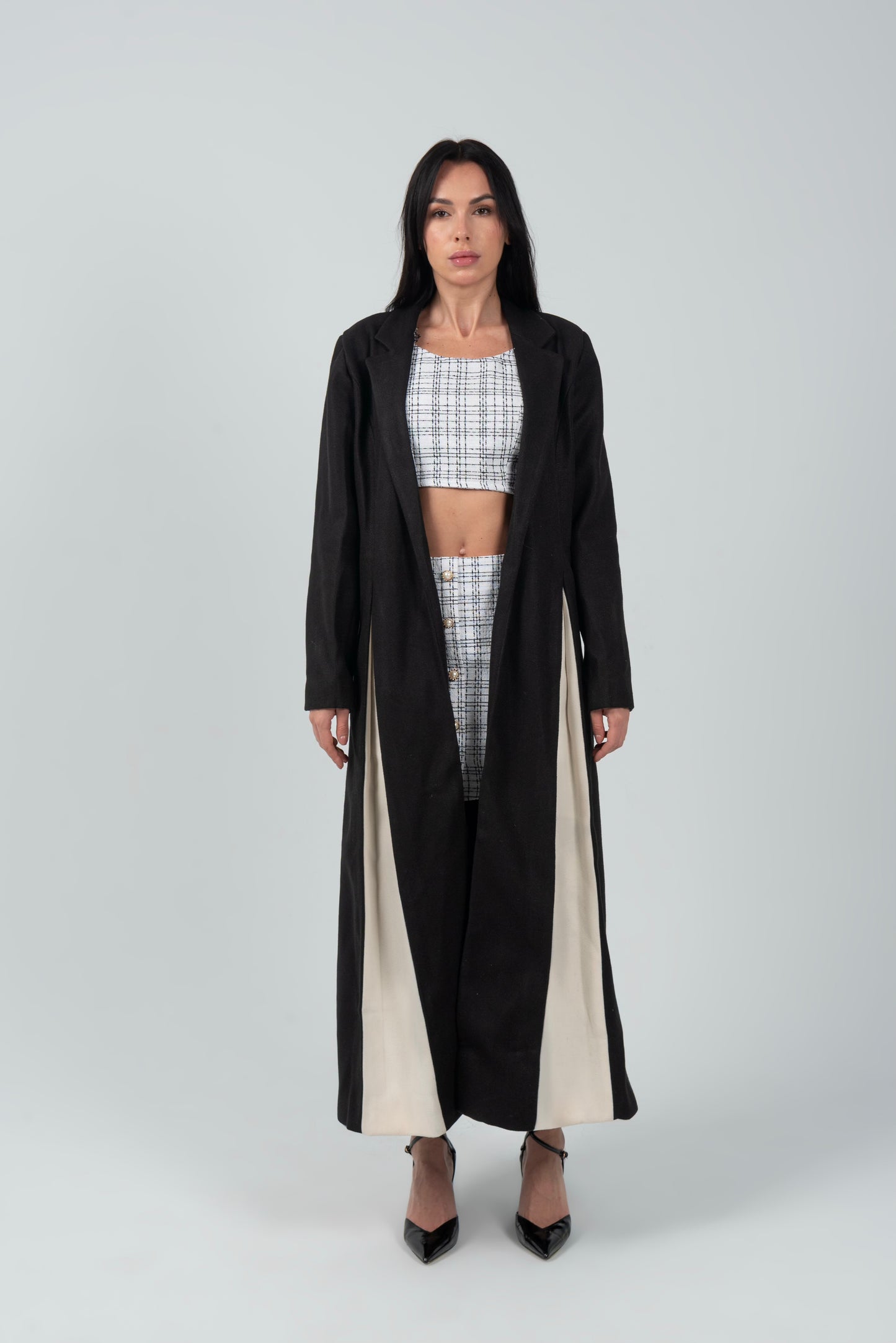 Black Full Length Wool Coat With White Side