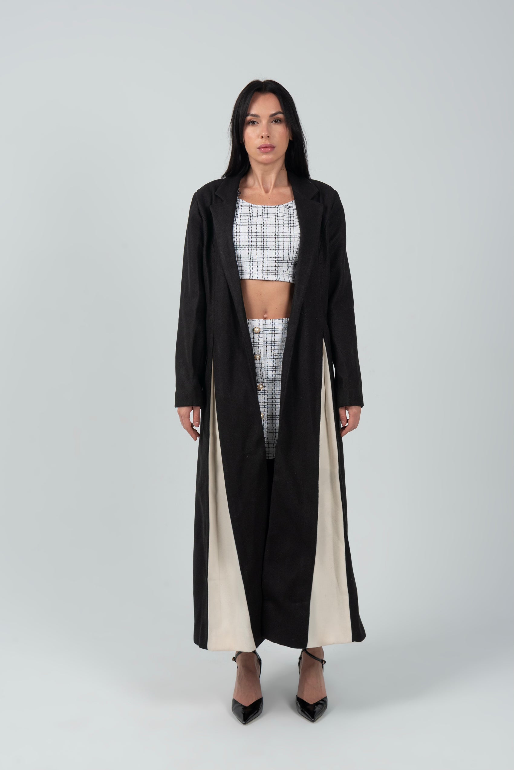 Black Full Length Wool Coat With White Side