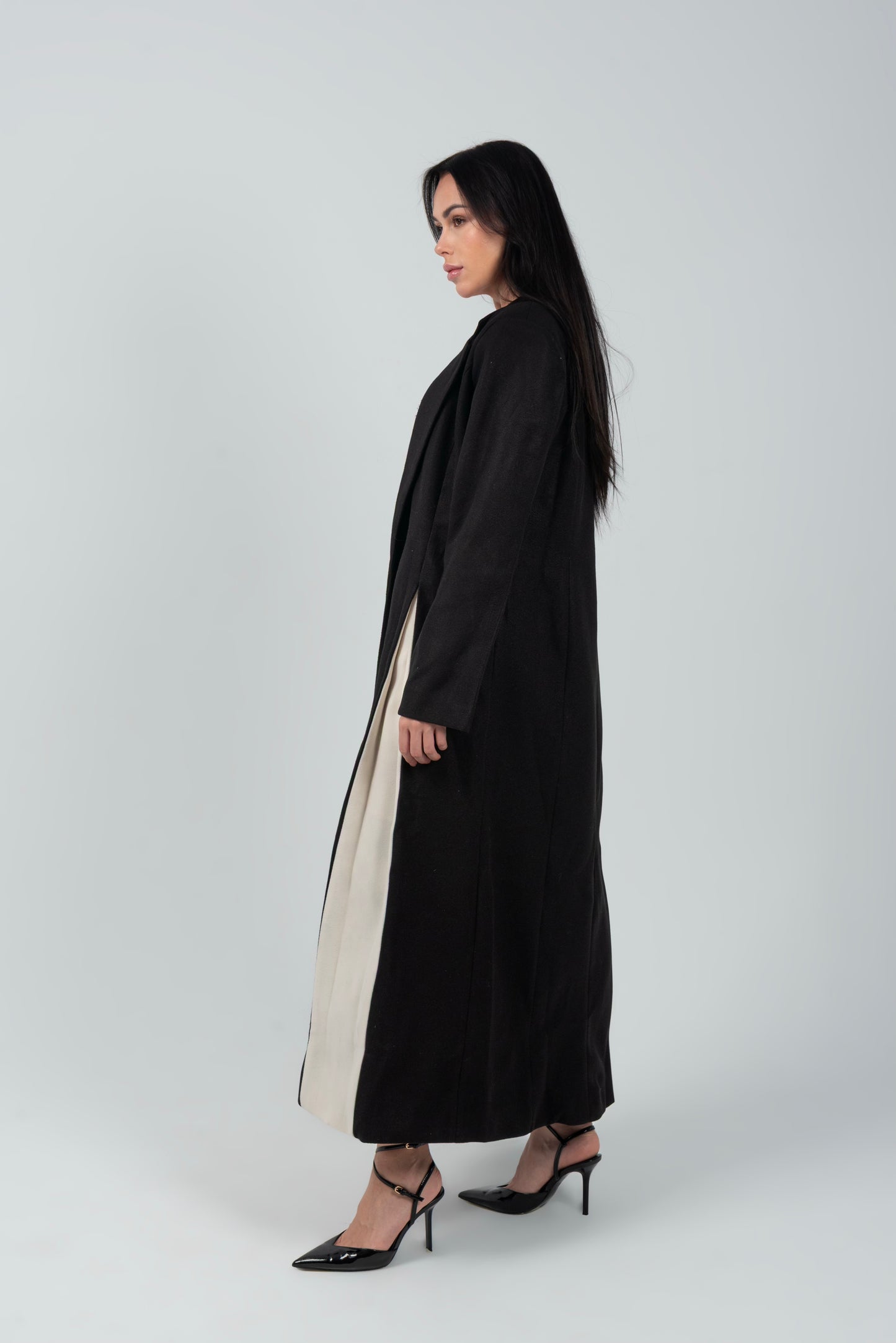 Black Full Length Wool Coat With White Side