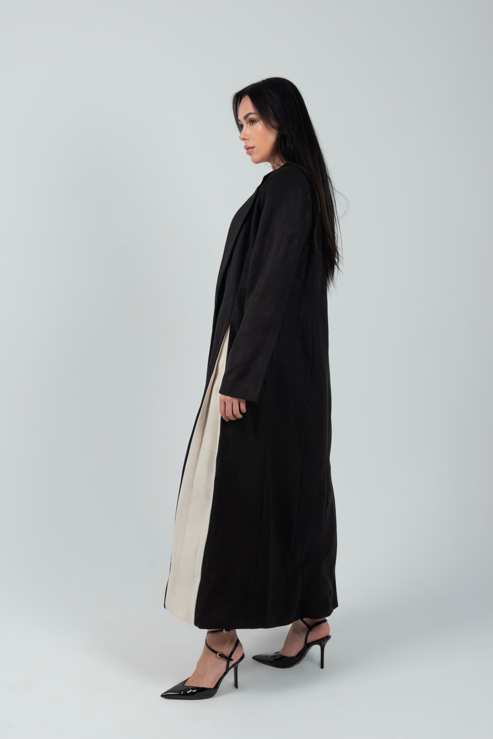 Black Full Length Wool Coat With White Side