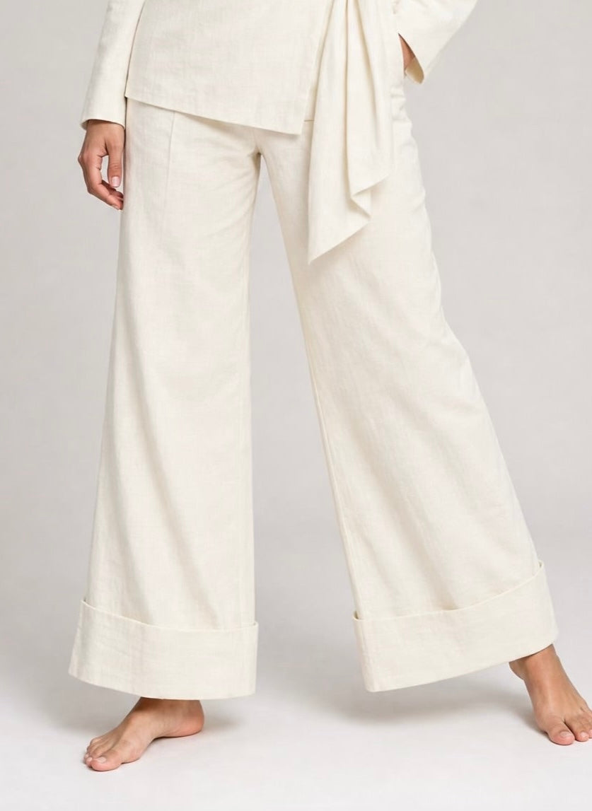 Elegant Linen Wide-Leg Trousers – Offwhite