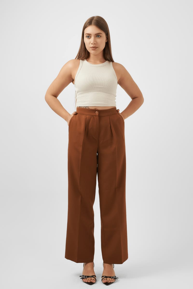 Straight Leg Trousers in Brown - Hushy Wear
