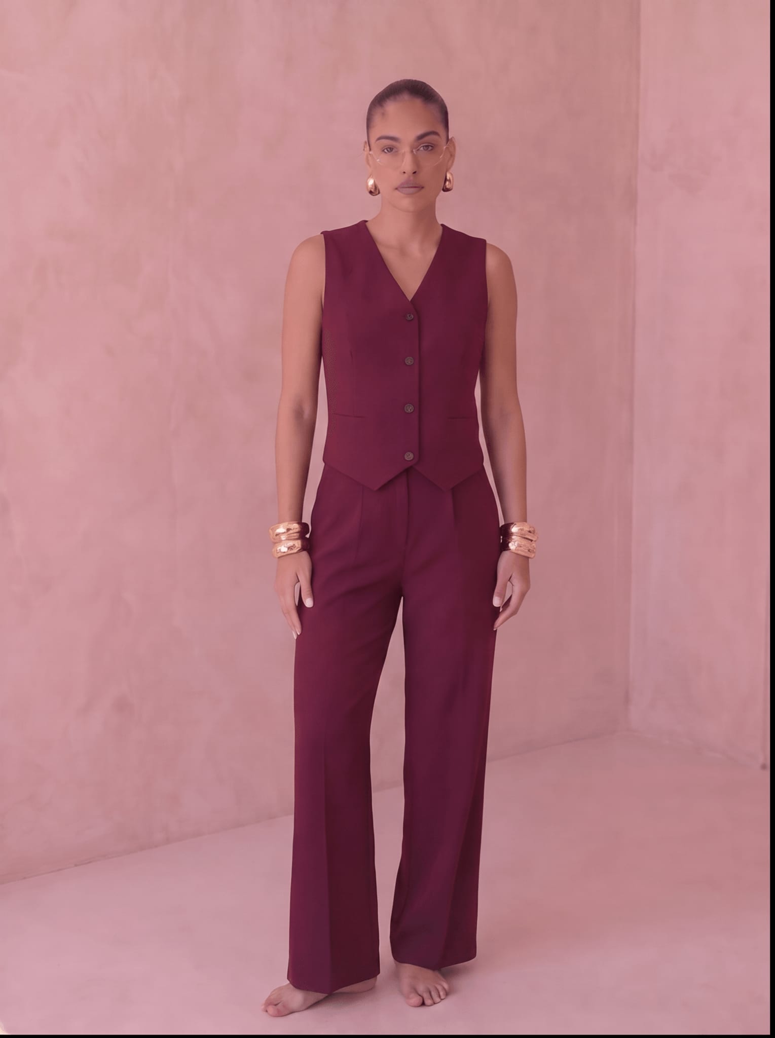 Burgundy Classic Vest & Pleated Straight Pants Set