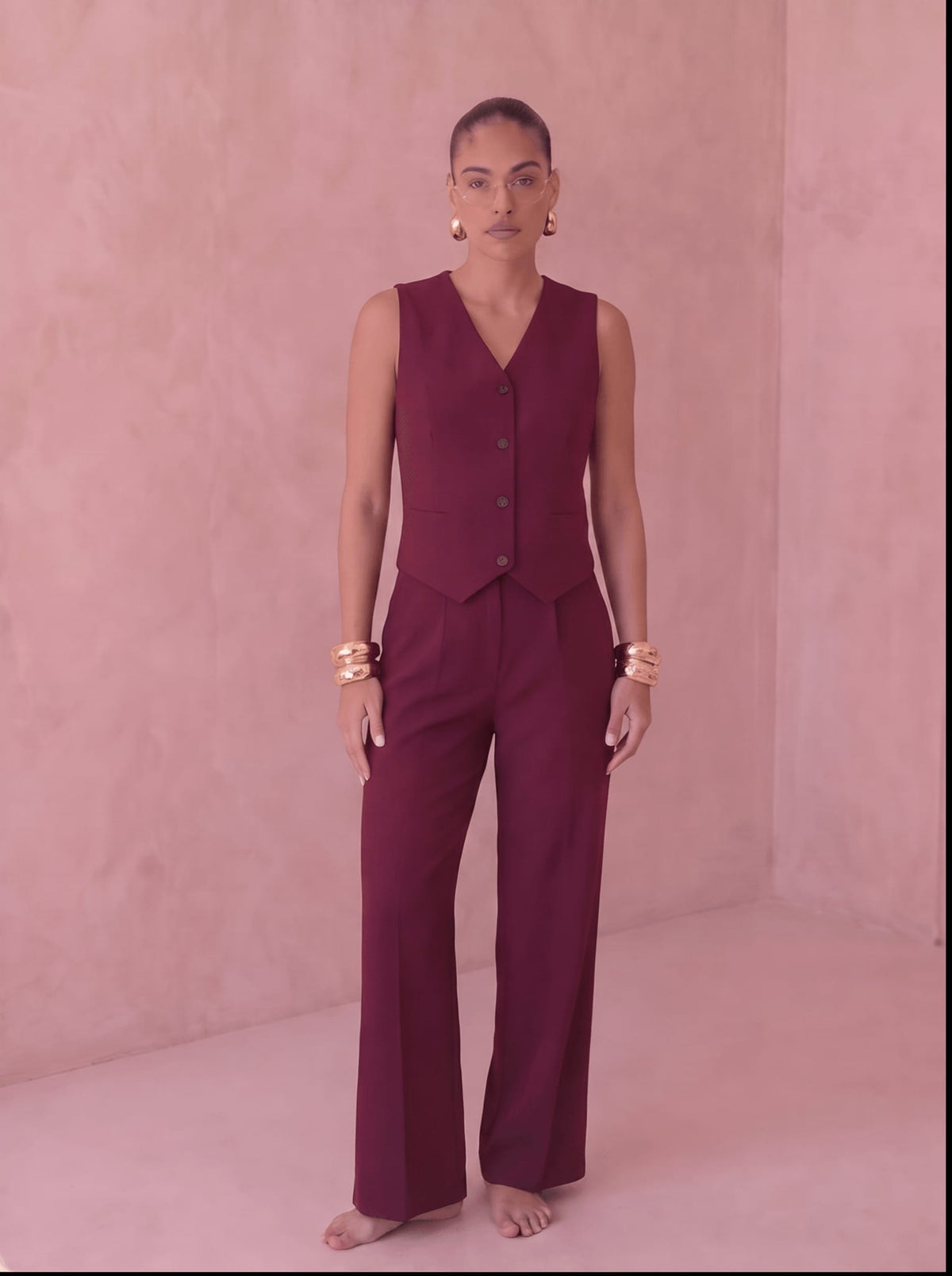 Burgundy Pleated Straight-Leg Trousers