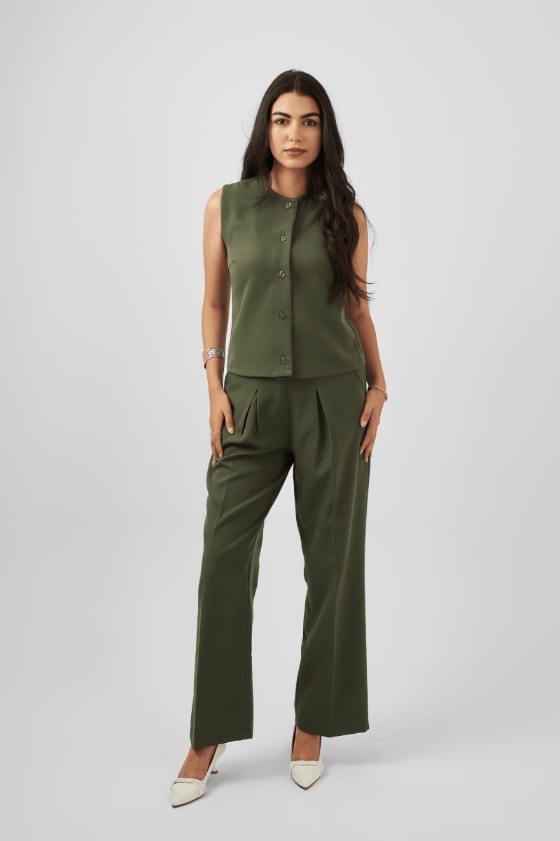 Button Down Sleeveless Top in Olive Green - Hushy Wear