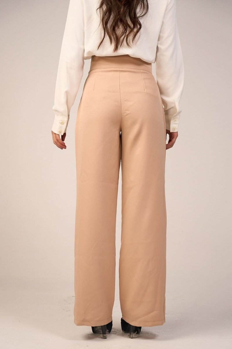 Beige High - Waist Trousers with Side Flipped Waistband - Hushy Wear