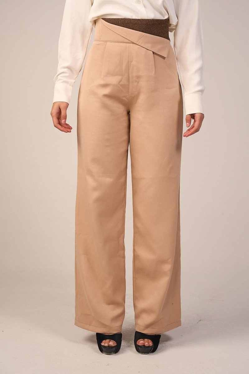 Beige High - Waist Trousers with Side Flipped Waistband - Hushy Wear