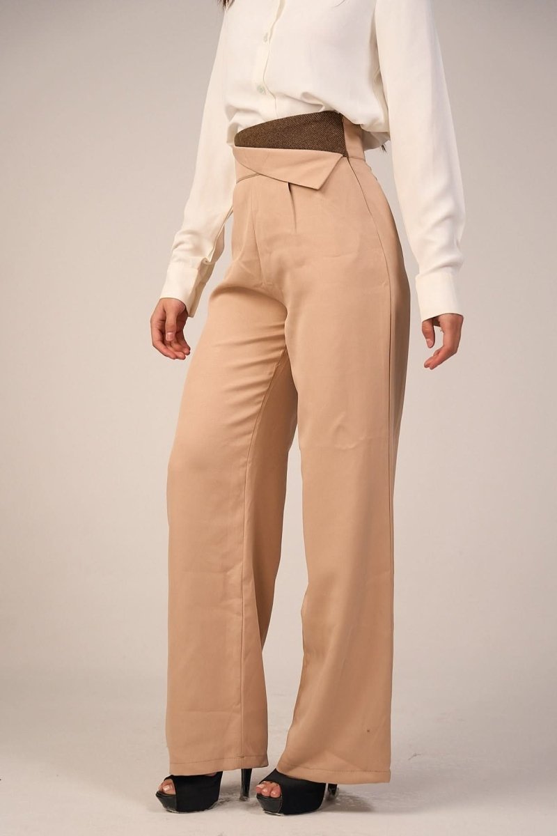 Beige High - Waist Trousers with Side Flipped Waistband - Hushy Wear
