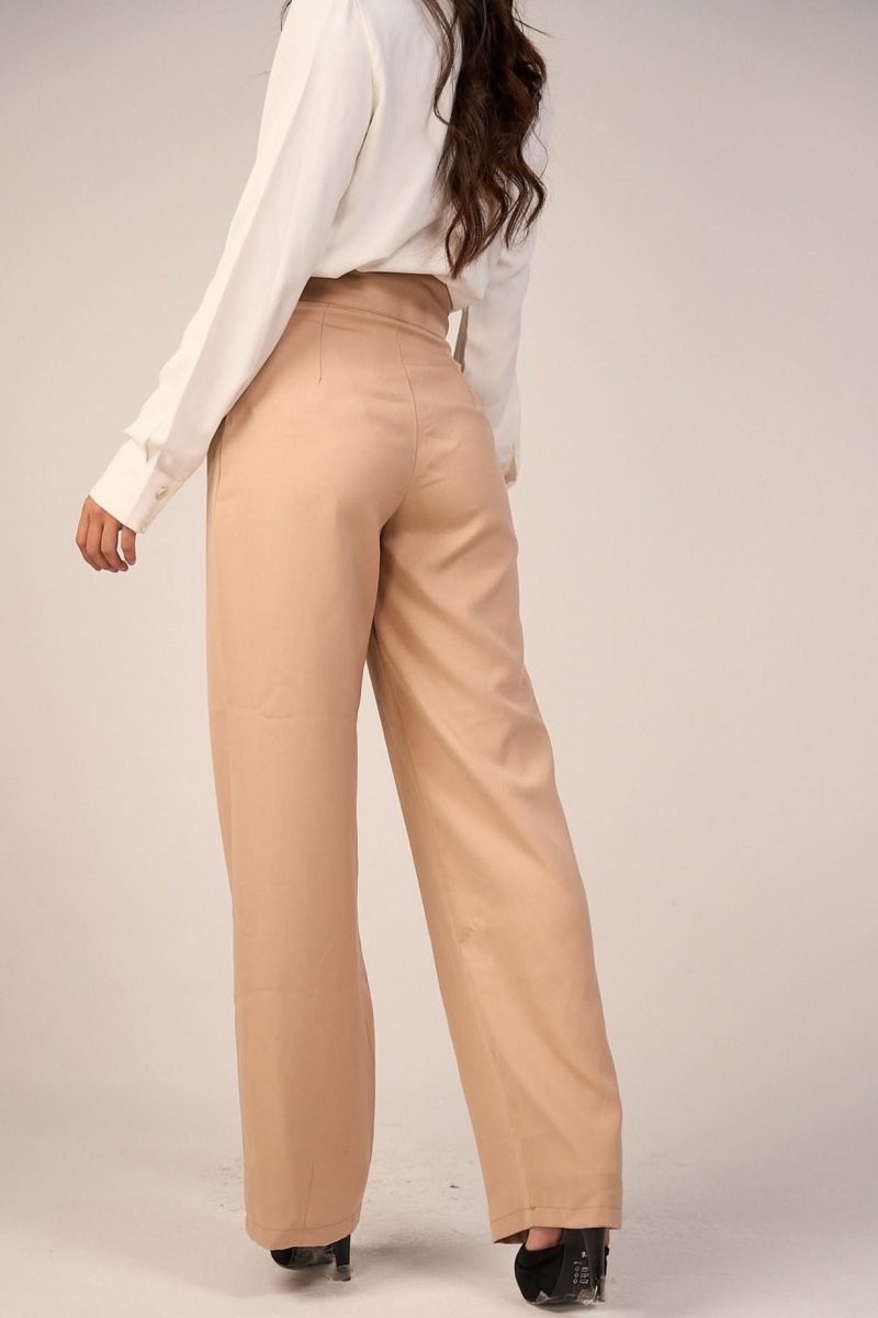 Beige High - Waist Trousers with Side Flipped Waistband - Hushy Wear