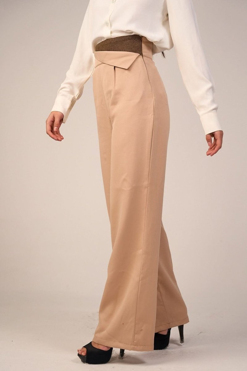 Beige High - Waist Trousers with Side Flipped Waistband - Hushy Wear