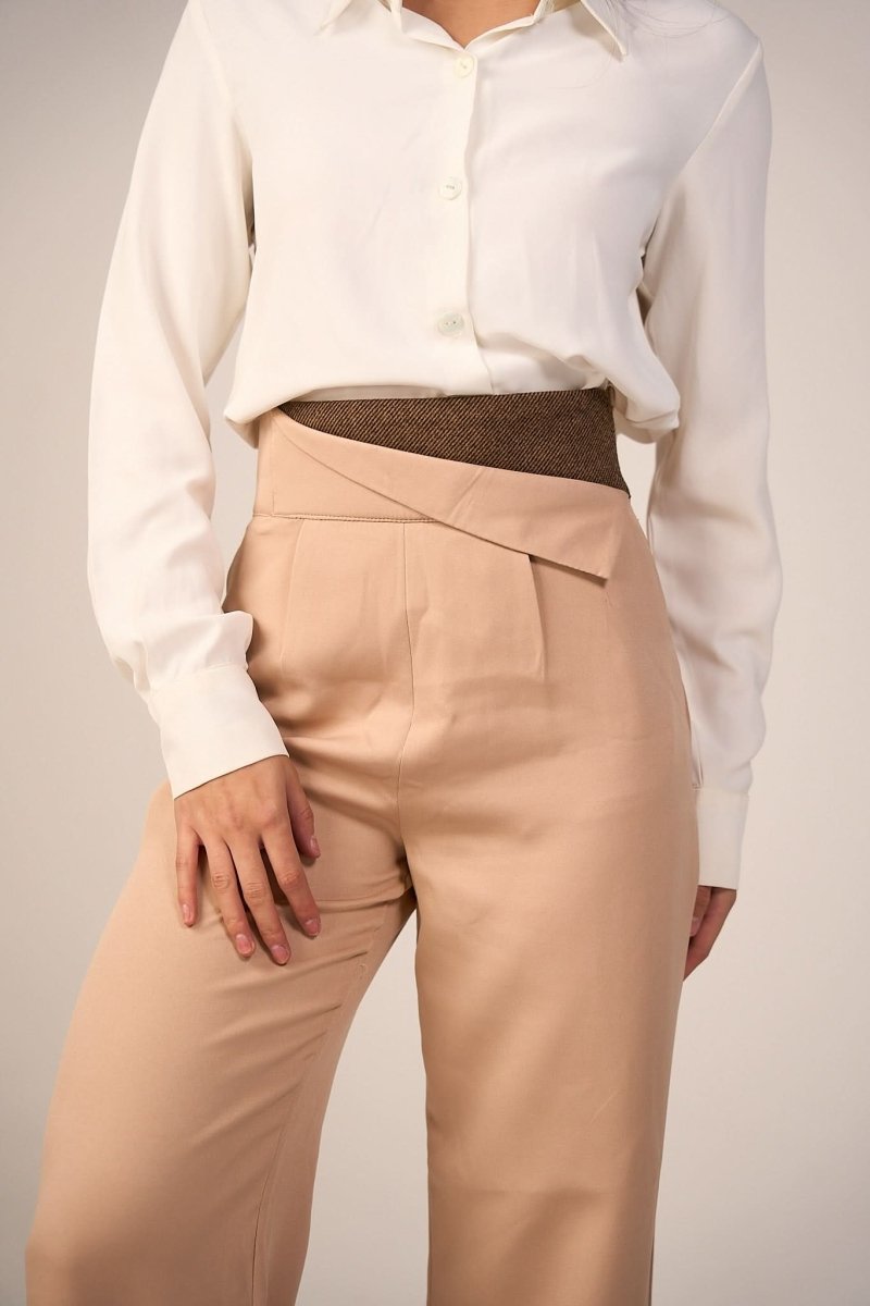 Beige High - Waist Trousers with Side Flipped Waistband - Hushy Wear