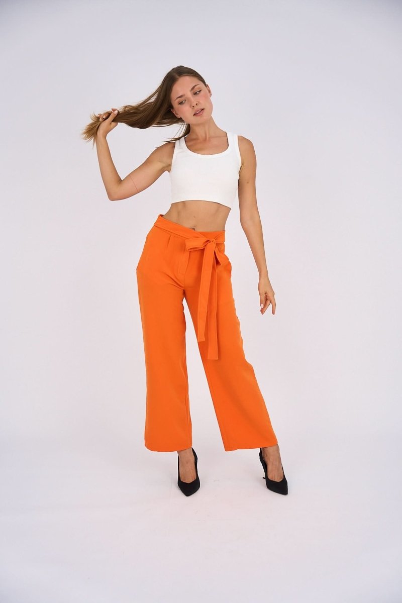 Belted Wide Leg Pants - Orange - Hushy Wear