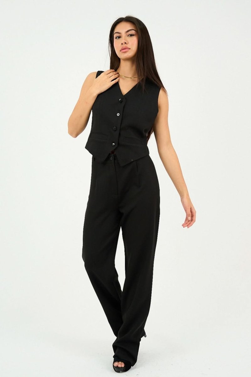 Black Classic Vest & Pleated Straight Pants Set - Hushy Wear