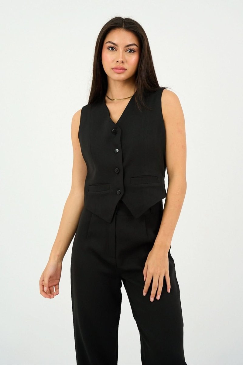 Black Classic Vest & Pleated Straight Pants Set - Hushy Wear
