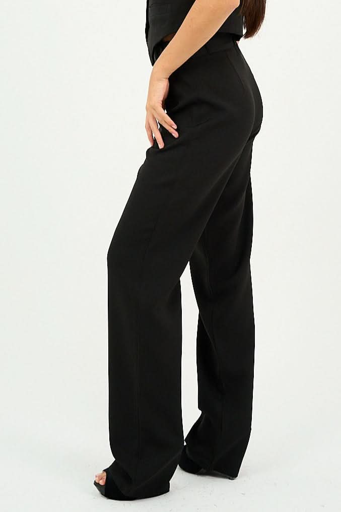 Black Pleated Straight - Leg Trousers - Hushy Wear