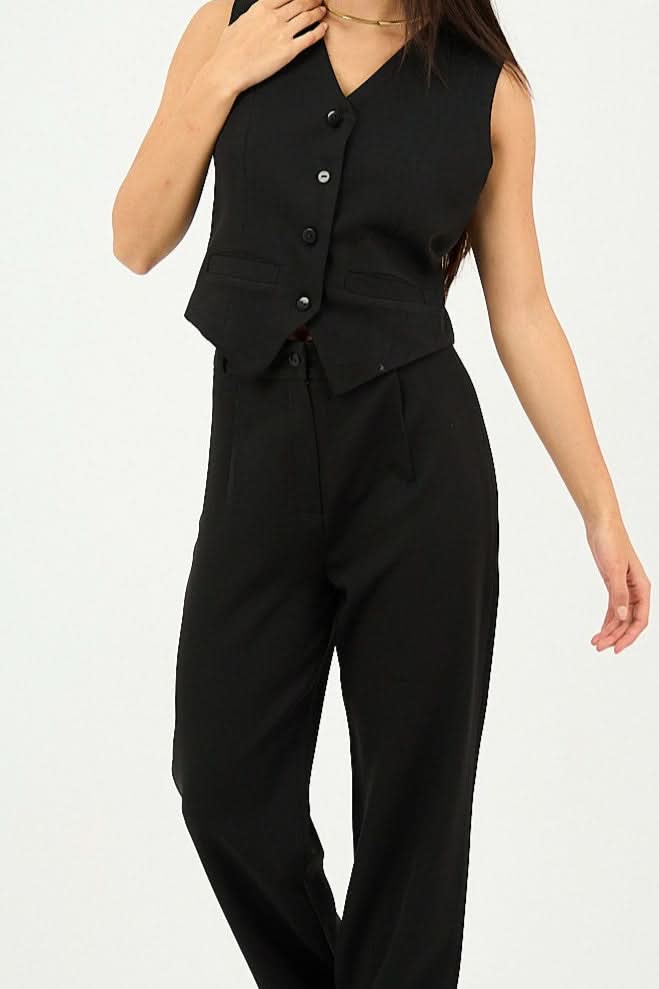 Black Pleated Straight - Leg Trousers - Hushy Wear