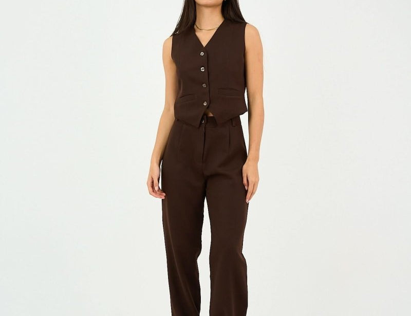 Brown Classic Vest & Pleated Straight Pants Set - Hushy Wear