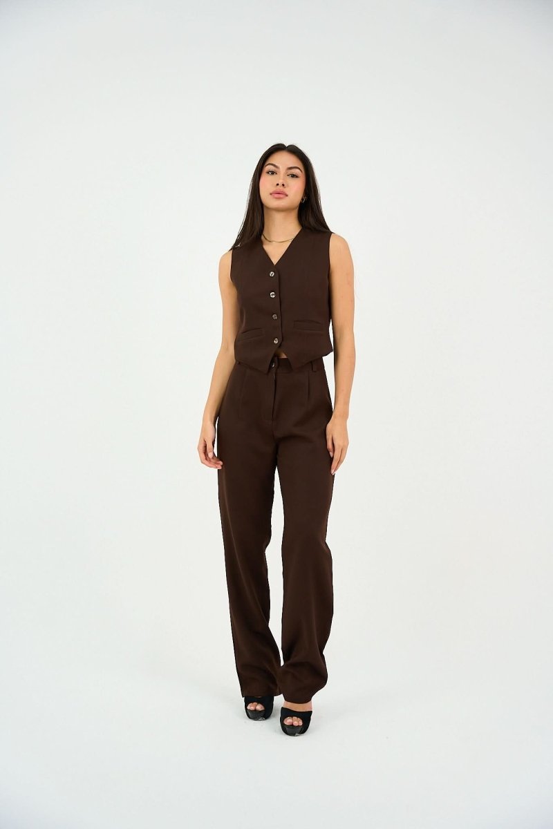 Brown Classic Vest & Pleated Straight Pants Set - Hushy Wear