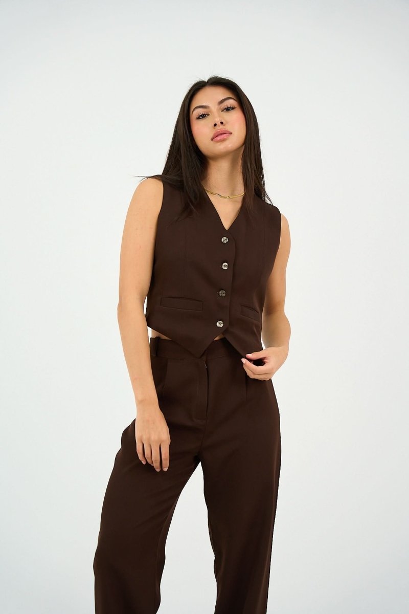Brown Classic Vest & Pleated Straight Pants Set - Hushy Wear