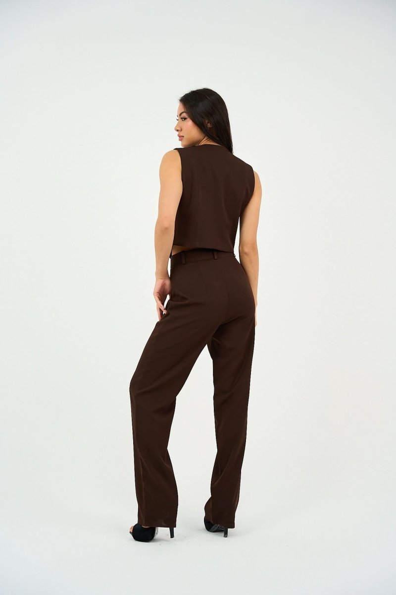 Brown Pleated Straight - Leg Trousers - Hushy Wear