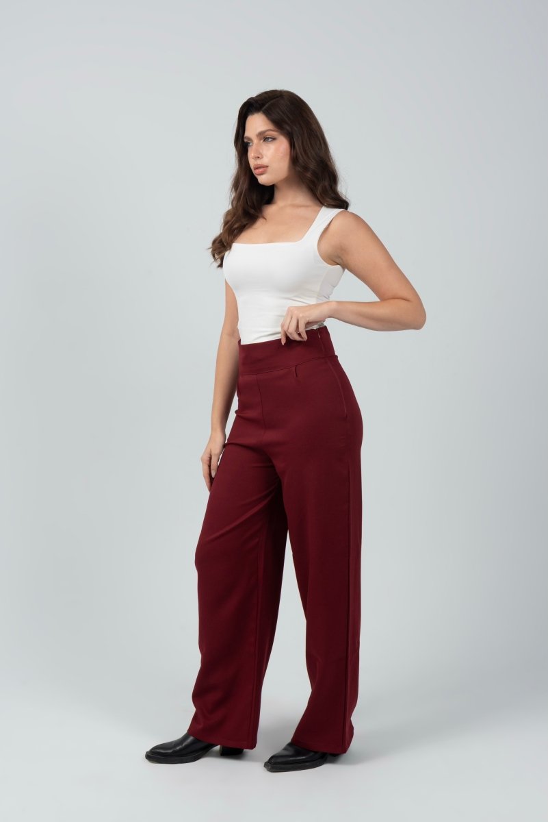 Burgandy High - Waist Classic Trousers - Hushy Wear