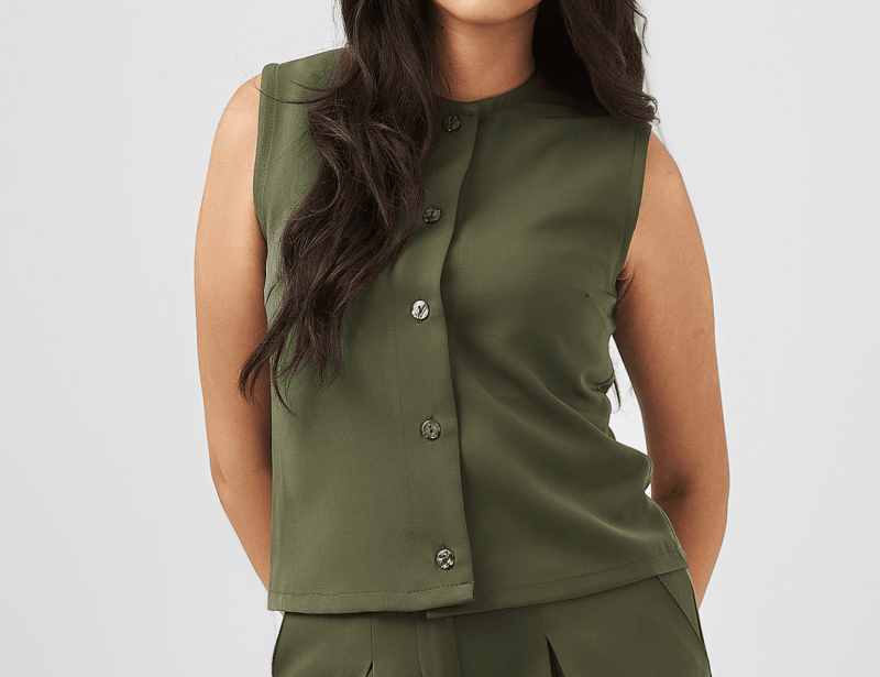 Button Down Sleeveless Top in Olive Green - Hushy Wear