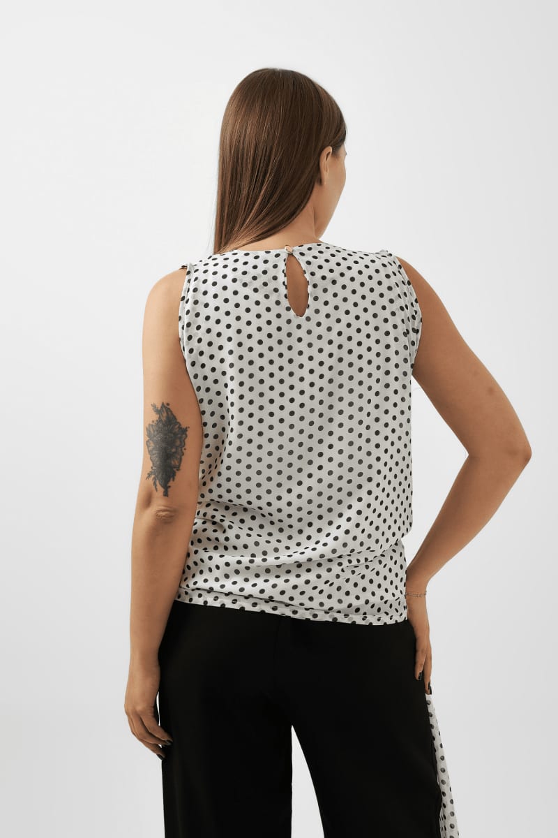 Chic Polka Dot Draped Shoulder Blouse – Black & White - Hushy Wear