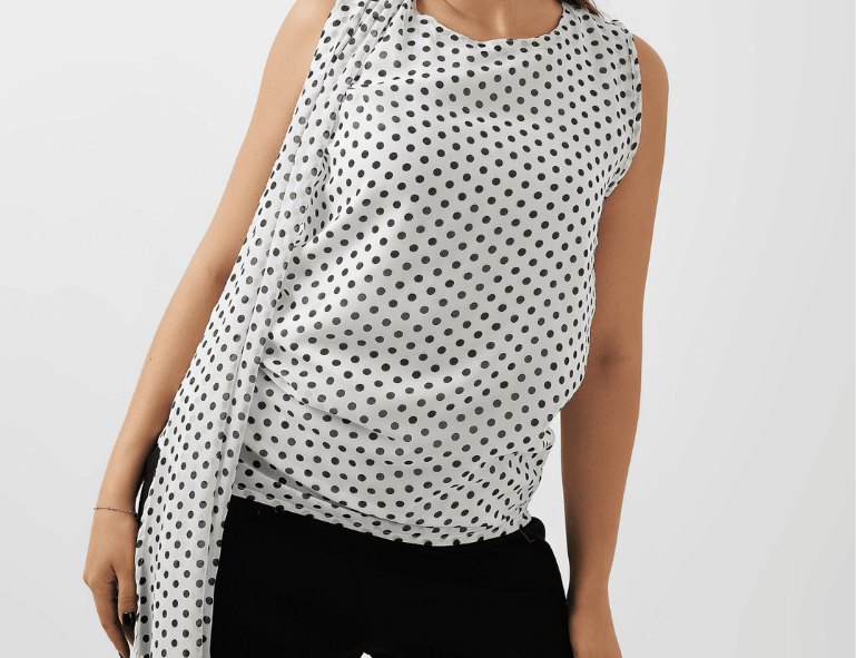 Chic Polka Dot Draped Shoulder Blouse – Black & White - Hushy Wear