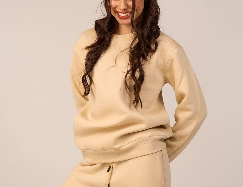 Crew Neck Pullover & Sweatpants - Set - Beige - Hushy Wear