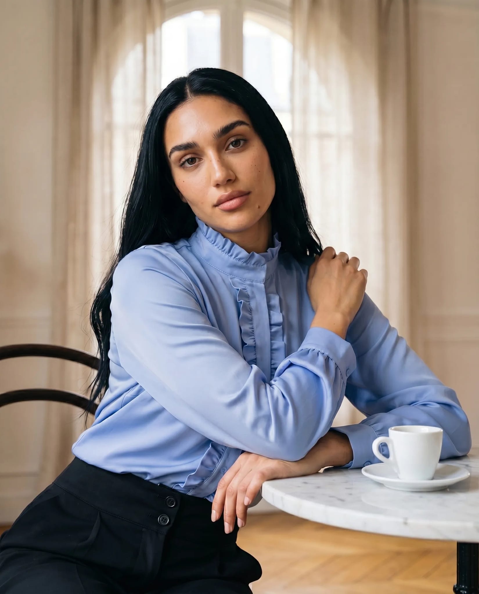 Sky Blue Ruffled Collar Button-Up Blouse